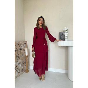 ชุดราตรีผ้าชีฟองสีเบอร์กันดีทรงเอไลน์ แต่งระบายชั้นๆ เอวธรรมชาติ แขนยาว ผ้าบางเบา ความยาวแบบแม็กซี่ - Product Image 6