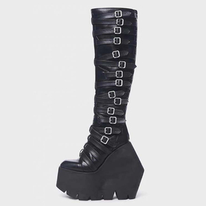 Women Super High Wedge Heels Knee High <b>Boots</b> Belt Buckles Thick Platform Long <b>Boots</b> Punk Styles Y2K Style Back Zipper Shoes - Product Image 3
