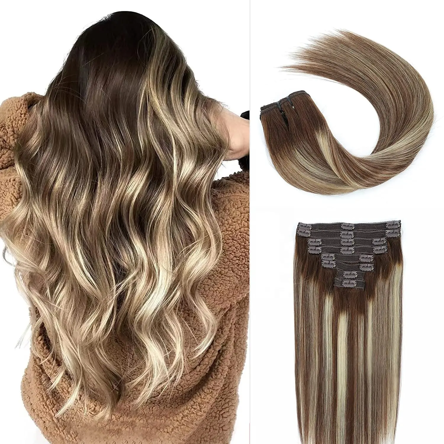 Balayage Chocolate Brown to Caramel Blonde Hair Extensions Double Drawn Clip in Human Hair Extensions for Black Women