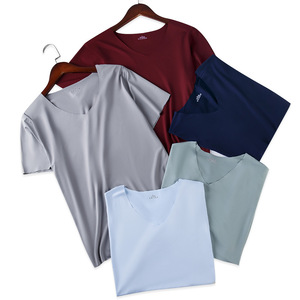 Wholesale Summer Men's Traceless Ice Silk Short <b>Sleeve</b> T-shirt Slim Fit Casual Breathable V-neck Half <b>Sleeve</b> <b>Top</b> Bottom Shirt - Product Image 2