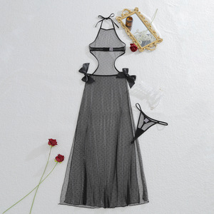 Ensemble de Nuit 2026 <span class=keywords><strong>pour</strong></span> <span class=keywords><strong>Femme</strong></span> : Robe Lingerie Halter en Maille Transparente à Pois avec Découpe Nœud à la Taille et String Assorti - Product Image 4