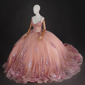 WC044 <b>Pink</b> Chiffon Ball Gown Quinceanera Party <b>Dresses</b> with Floral Appliques Lace-Up Natural Waistline Anti-static for - Product Image 3