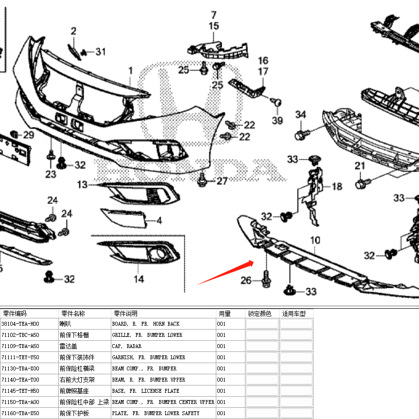 JJQ OEM 71160-TBA-X50 Front Bumper Lower Body Parts for Honda