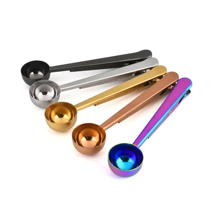 2-in-1 stainless steel coffee tea spoon with sealing clip ice cream milk powder measuring scoop