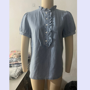 <span class=keywords><strong>Chemise</strong></span> en <span class=keywords><strong>jean</strong></span> 100 % coton pour <span class=keywords><strong>femme</strong></span>, décontractée, à volants, boutonnée, style chemisier, manches courtes bouffantes, été 2026 - Product Image 6