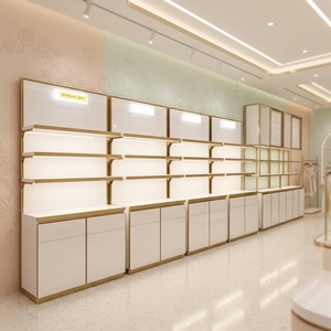 Scaffali per Negozi <span class=keywords><strong>con</strong></span> Illuminazione LED, Espositore <span class=keywords><strong>con</strong></span> Finiture Dorate e Armadietto, Scaffalature Modulari per Negozi di Cosmetici e Farmacie - Product Image 1
