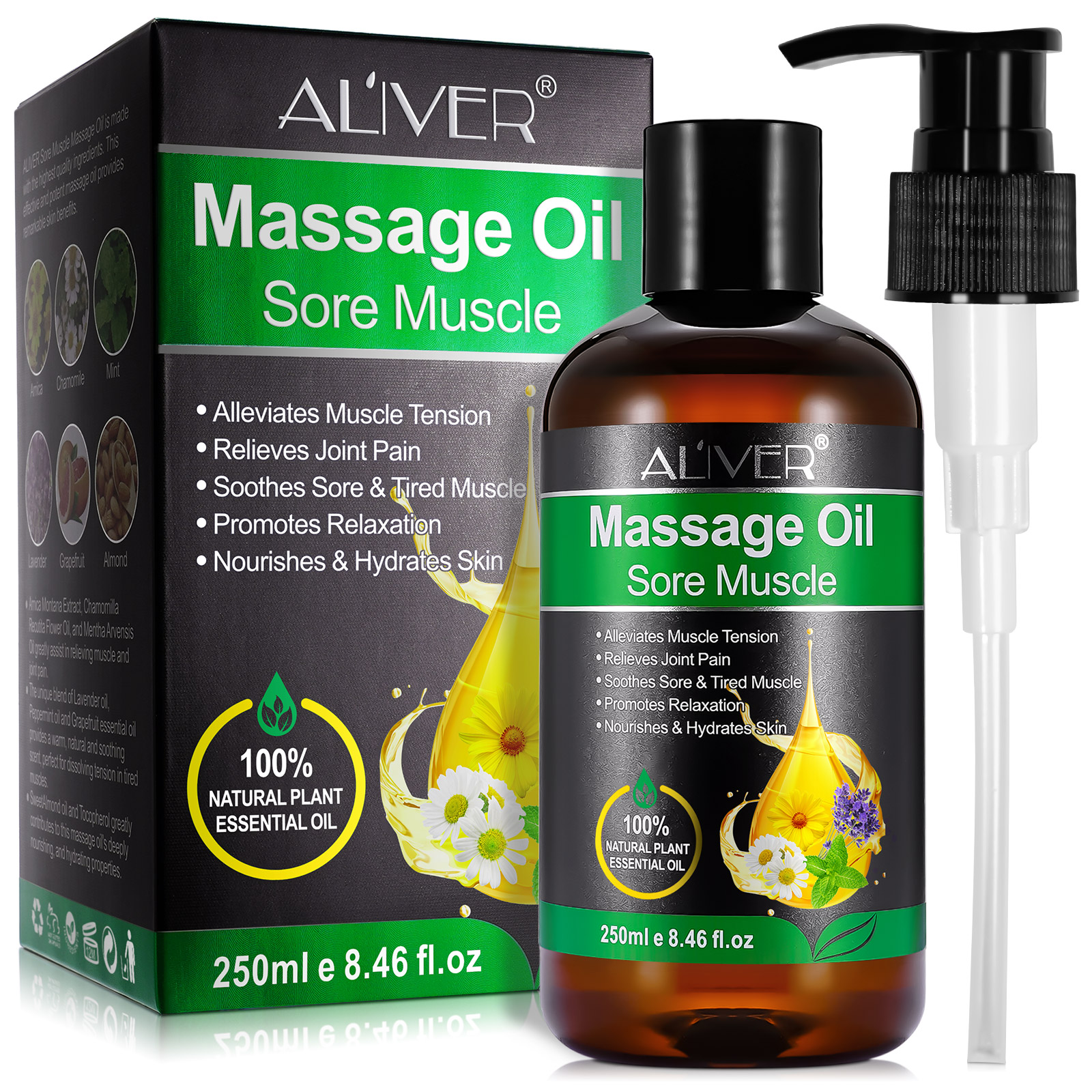 ALIVER organic 250ml nourishes hydrates skin alleviates muscle tension joint pain relaxing sore muscle massage oils for spa