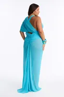 Robe de soirée longue grande taille en maille turquoise, décolleté en V profond, manches drapées torsadées, dos croisé, découpes, fente haute, vente en gros personnalisée