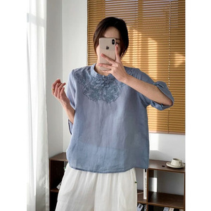 Traditional Chinese Style Embroidered Top Blue Women's Summer T-Shirt Short Sleeve Ethnic Design - Product Image 1
