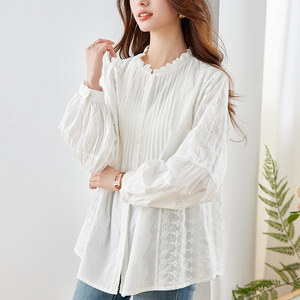 Cotton Embroidered White Shirt Women's Long Sleeve 2026 Spring New Design Organ Pleated Top Wooden Ear Collar Shirt - Product Image 3