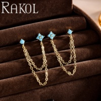 Anting-anting gantung rantai ganda RAKOL ZPE733 untuk wanita, anting tusuk 2 lubang, bertabur zircon kubik