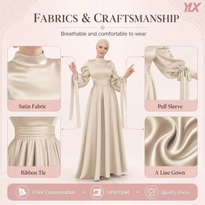 <span class=keywords><strong>Robe</strong></span> <span class=keywords><strong>de</strong></span> soirée sur mesure <span class=keywords><strong>pour</strong></span> femme en satin champagne, col montant, manches bouffantes, nœud en ruban, taille plissée, coupe trapèze, OEM - Product Image 3