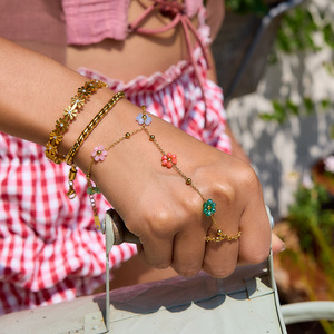 Flower Pattern Stainless Steel Jewelry <b>Set</b> For Women Beach Vacation Style Ring And <b>Bracelet</b> Gold Color - Product Image 3