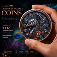 Pièce de monnaie Paon Cybernetique en Cuivre Pur 999 de 1 oz, en relief 3D, colorée UV, effet proof-like, Art Meca Futuriste