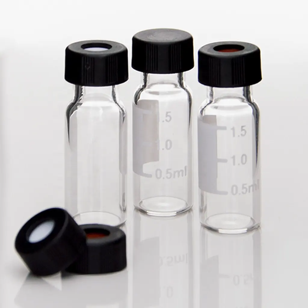 Aijiren botol sampel kaca kromatografi 2ml dengan tutup sekrup 9mm botol standar jelas hplc digunakan untuk penggunaan lab