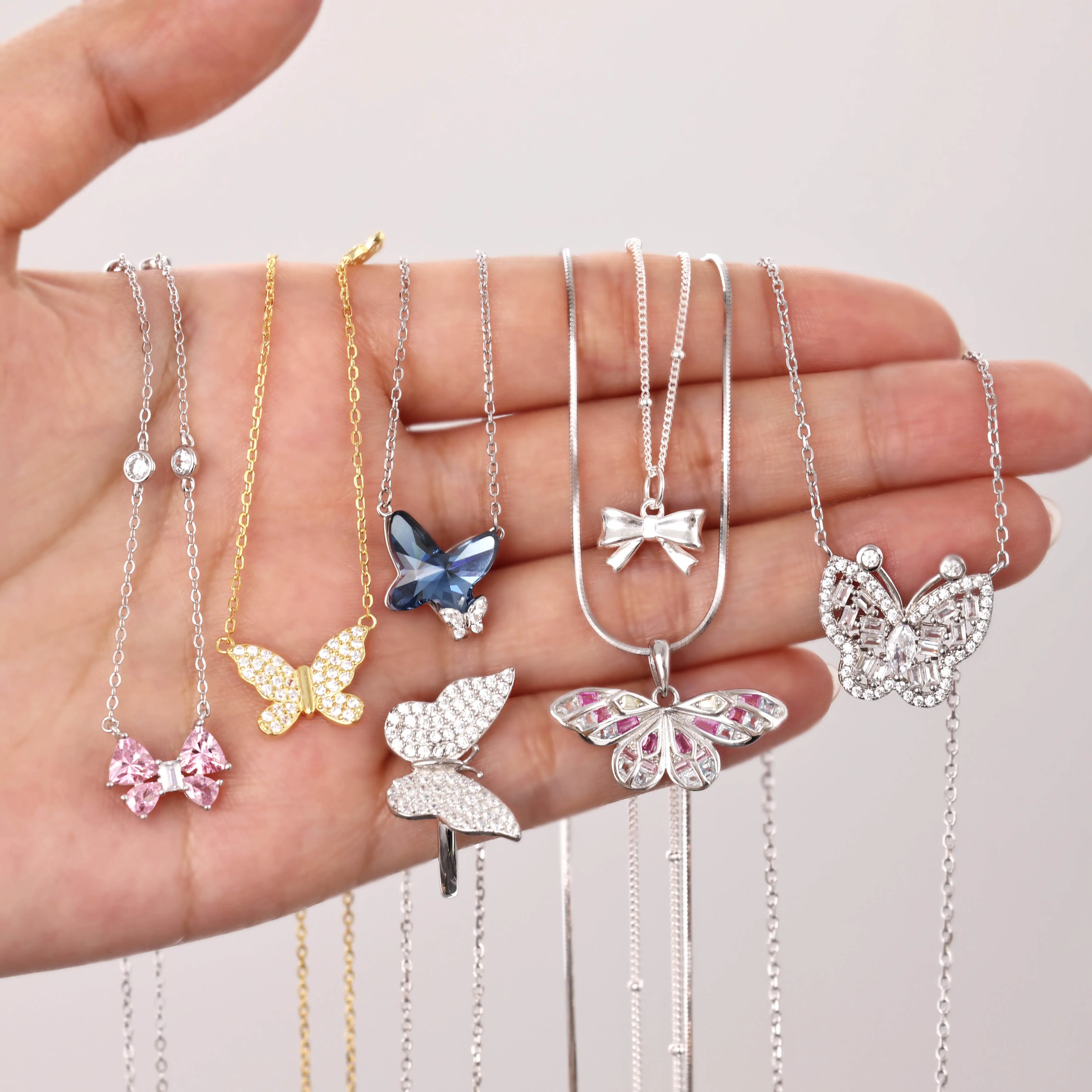 Tùy Chỉnh S925 Bạc Vòng Cổ Mặt Dây Chuyền Chuỗi 18K Mạ Vàng Có Thể Điều Chỉnh Choker CZ Đá Bướm Bow Dây Chuyền Cho Phụ Nữ