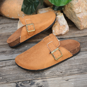 Mules en daim à bout fermé pour femme, avec bride à boucle, talon plat, sabots souples, chaussures décontractées, camel, noir, kaki - Product Image 1