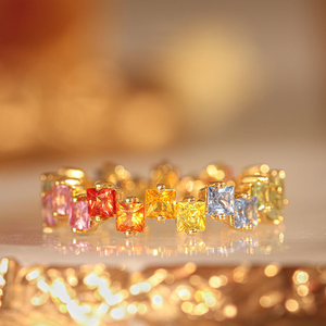 Bague de fête pour filles en or 10K 14K 18K avec saphir de laboratoire arc-en-ciel taille princesse 3x3mm, tendance estivale, bijoux fins et colorés - Product Image 3