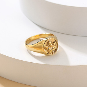 Anelli in Acciaio Inossidabile Placcato Oro 18k Impermeabili, Anello Chunky Impilabile per Donna e Uomo, Anello Cherubino Angelo Custode - Product Image 2