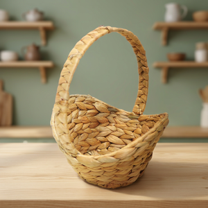New Design Water Hyacinth Eco-Friendly Durable <b>Round</b> <b>Storage</b> <b>Basket</b> with High Handle and Slanted Rim for Multi-Purpose Use - Product Image 5