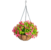 Panier suspendu en métal avec arrangement floral artificiel de dianthus rouges et verdure, décoration écologique pour balcon, jardin, hôtel, mariage, maison, extérieur