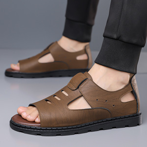 Sandales plates en cuir véritable pour hommes, à bout ouvert, avec fermeture auto-agrippante, décontractées, respirantes, semelle extérieure en caoutchouc, couleur unie, pour l'extérieur - Product Image 2
