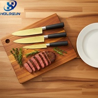 Ensemble de couteaux de cuisine de haute qualité, extra-affûtés, 5 pièces, en acier inoxydable plaqué titane doré, avec manche en PP noir, pour couper la viande