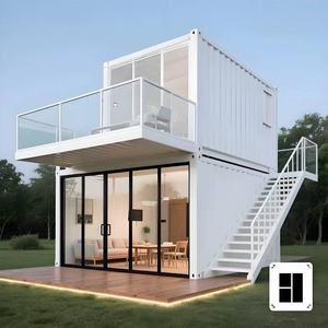Maison conteneur moderne à 2 étages, unité de logement modulaire blanche avec balcon en verre et escalier extérieur - Product Image 1