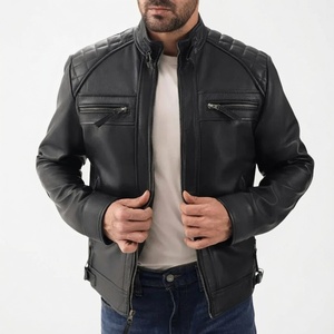 Blouson Moto Homme Noir en Cuir Véritable Respirant Col Montant Fermeture Boutons Cachés Coupe Slim Style Motard Automne - Product Image 1