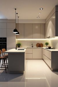 <span class=keywords><strong>Cuisine</strong></span> moderne minimaliste de luxe CBMmart avec éclairage chaleureux, armoires de <span class=keywords><strong>cuisine</strong></span> couleur beige, panneaux de <span class=keywords><strong>porte</strong></span> laqués, plan de travail en pierre frittée - Product Image 4