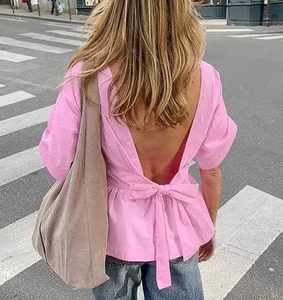 <span class=keywords><strong>Camicetta</strong></span> da donna a maniche corte senza schienale Top <span class=keywords><strong>camicetta</strong></span> Casual ampia e traspirante <span class=keywords><strong>con</strong></span> fiocco grande - Product Image 6