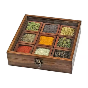 Square Wooden Spice <strong>Box</strong> Storage <strong>Box</strong> Spice Holder for <strong>Kitchen</strong> Glass Top with Spoon Wood Display Shelf - Product Image 1
