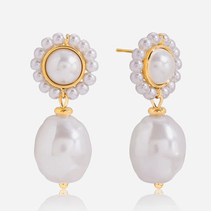 Pearl Drop Earrings Flower Shape AAA Grade Bezel Setting Party Jewelry - Product Image 1