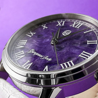 Montre personnalisée en cristal de dragon violet naturel, mouvement mécanique japonais 8215, résistante à l'eau 50m, boîtier en acier inoxydable, aiguilles authentiques