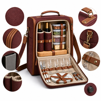 Sac à dos isotherme pour pique-nique, couleur bordeaux, en polyester, portable, avec 2 porte-bouteilles, verres, assiettes et couverts, pour les escapades en couple