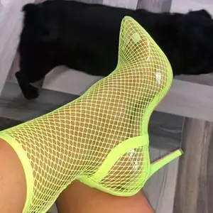 Stivaletti Donna Botas Femininas Salto elastik orta buzağı seksi Fishnet Bootie ayakkabı kadın topuklu çizmeler