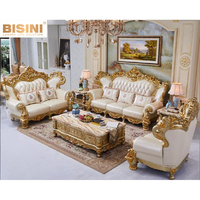 Ensemble de canapés en bois massif sculpté à la main, de qualité supérieure, style européen classique, pour salon, avec revêtement en cuir et pieds incurvés