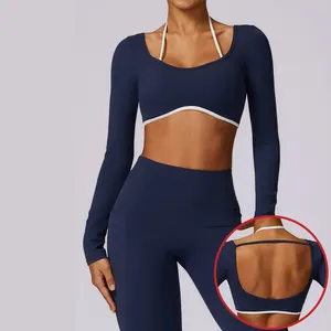 Wholesale High Quality Women Yoga Gym Workout Clothing Fitness Sports Sexy U Back Color Block Halter Crop Long Sleeve Crop Top