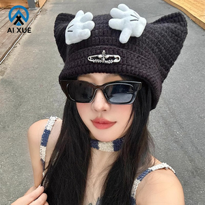 Bonnet mignon pour femmes broderie <span class=keywords><strong>3D</strong></span> impression numérique Protection chaude Plaid frisé dessin animé personnage oreilles à la main pour voyage - Product Image 1