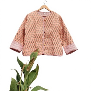 Casual Cotton Quilted <b>Jacket</b> Coat Reversible Winter Season <b>Kantha</b> Short <b>Jacket</b> Hand Block Print Woven Fabric Washed Techniques - Product Image 1