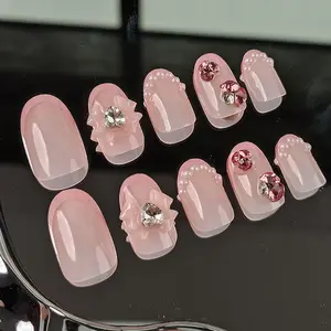 N1273 diamond rhinestone bow charms design short crystal nude press on nails glue sticker and file