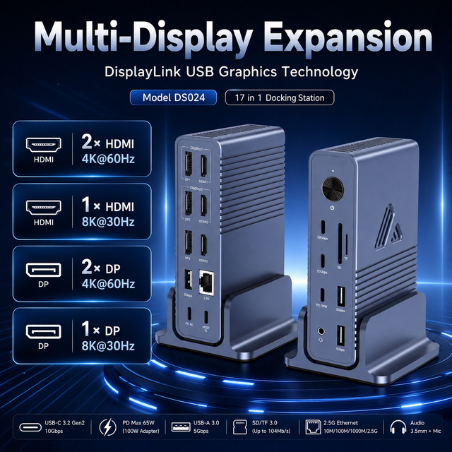 DS024 17-in-1 USB C Docking Station, Triple 8K Display (2HDMI+DP), 2.5G Ethernet, 100W PD, 10Gbps Type-C,Aluminum Hub for Laptop