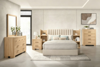 Tête de lit capitonnée de luxe au design moderne et épuré, suite de meubles de chambre à coucher pour maison de vacances