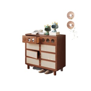 Retro Solid Wood Shoe Cabinet With Rattan <b>Drawers</b> Double Doors Entryway Storage For <b>Small</b> Homes - Product Image 3