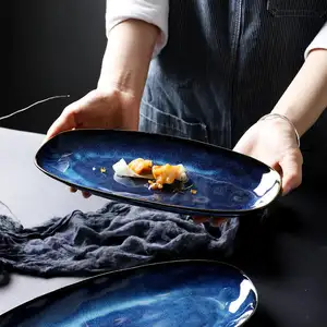 Japanische große kleine dunkelblaue Ofen reaktive Glasur ovale Sushi Fisch Keramik Gerichte & Teller für Hotel restaurants