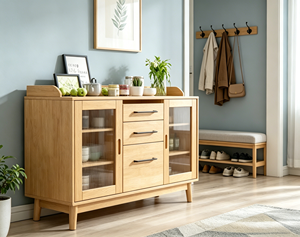 Modern Solid Wood Living Room <b>Cabinet</b> with Glass Doors 3 Drawers 2 Shelves Scandinavian Storage Furniture - Product Image 1