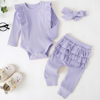Ensemble barboteuse côtelée pour bébé, vente en gros, vêtements pour bébé fille, ensemble deux pièces doux à manches longues et pantalon long, barboteuse unie à volants