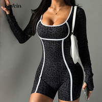 Combinaison moulante femme OEM avec logo personnalisé, imprimé léopard, col en U, manches longues, short gainant, tenue de sport