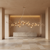 Lustre en cuivre fait main de luxe à hauteur réglable, avec branches longues, fleurs en cristal, art moderne, suspension LED pour salle à manger de villa