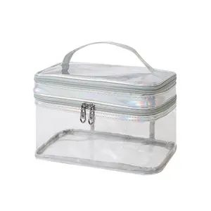 Mini organizador de maquillaje, bolsa de PVC, portátil, transparente, impermeable, con cremallera, bolsa de transporte con bolsillos externos, correa de hombro para Wom